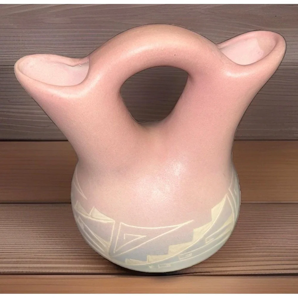 Vintage Signed Arlene Navajo Pink Etched Native American Wedding Vase Pottery